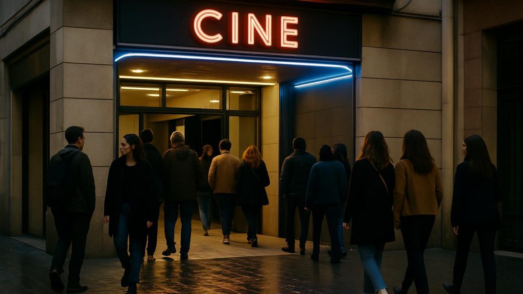 Illustrazione editoriale generata con AI: pubblico all'ingresso di un cinema a Barcellona. Non è una fotografia dell'evento In-Edit.