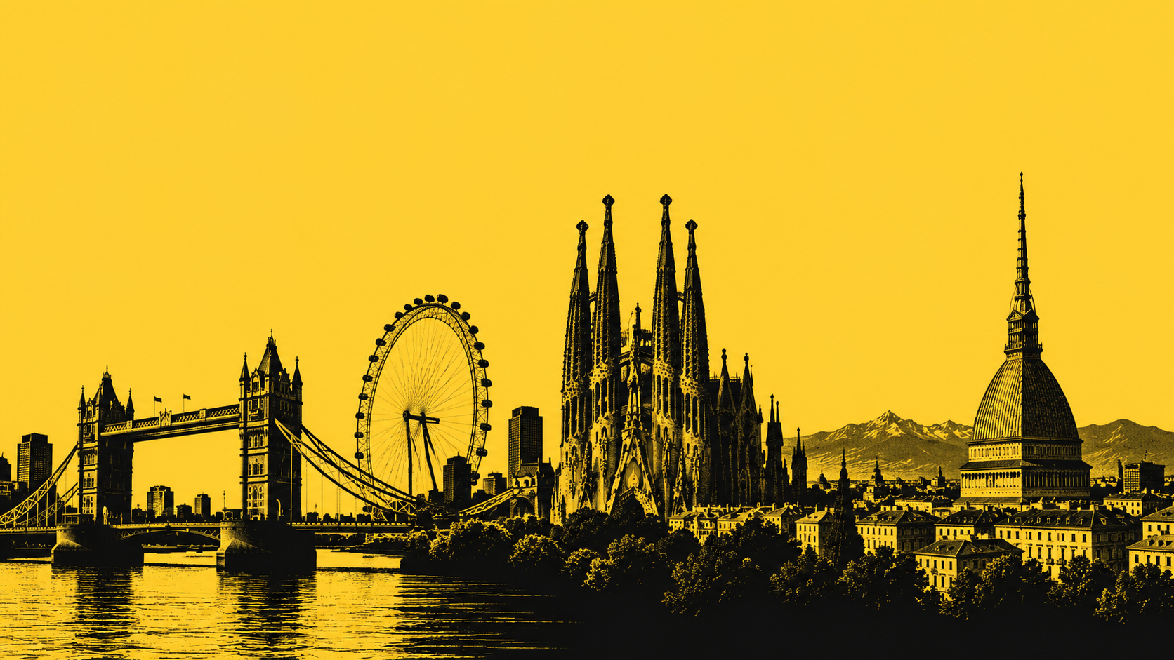 Skyline illustrato di Londra, Barcellona e Torino su fondo giallo